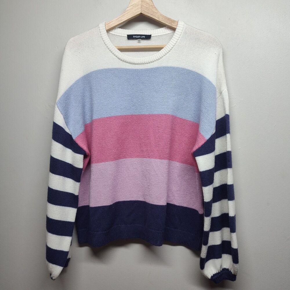 Sugar + Lips Knit Sweater Women Size L Blue Pink Stripes Girly Fall Casual